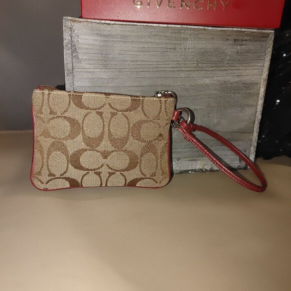 Coach Brown Red Signature Wristlet Clutch C Jacquard Satin Lining Zipper Closure - Picture 2 of 11